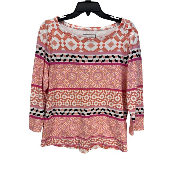 Charter Club Petite XL Printed Boho Top Pink Orange 3/4 Sleeve Cotton Blend - Picture 2 of 8